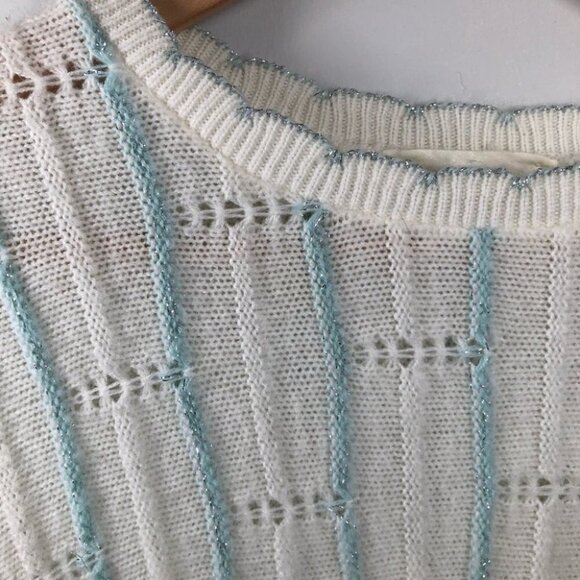 VINTAGE White Balloon Sleeve Knit Sweater with Metallic Blue Stripes - Picture 2 of 6
